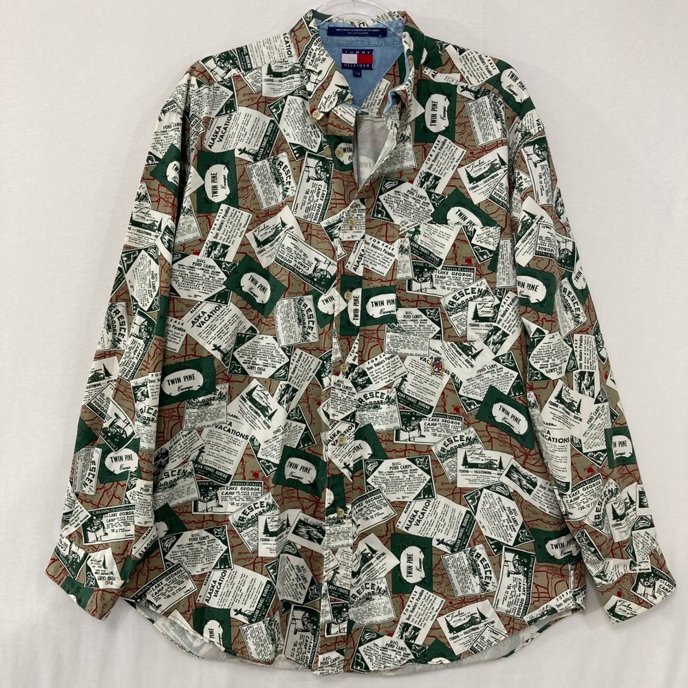 Vintage Tommy Hilfiger Shirt Large 90s Camping Travel All Over Print Button Up